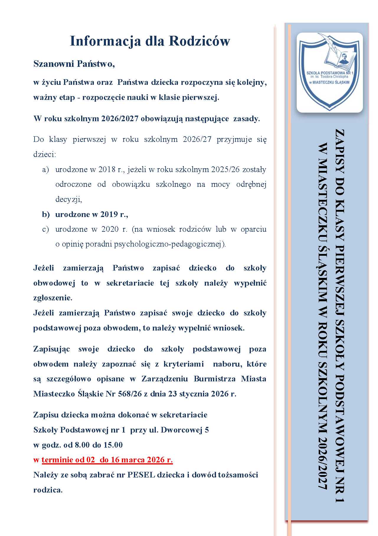 Rekrutacja klasy pierwsze rok szkolny 2026/2027